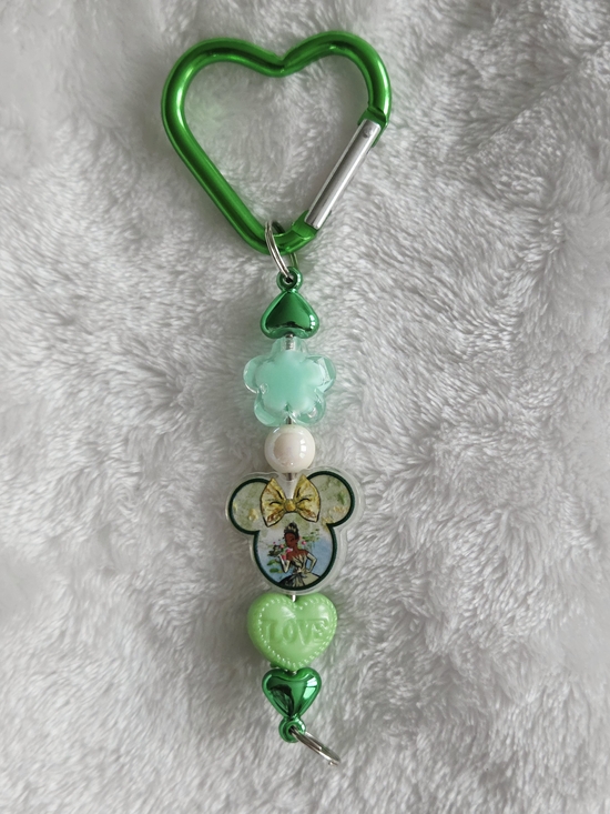 Handmade Accessories - Princess Tiana Green Heart Carabiner Charm Keychain with Bead Accents